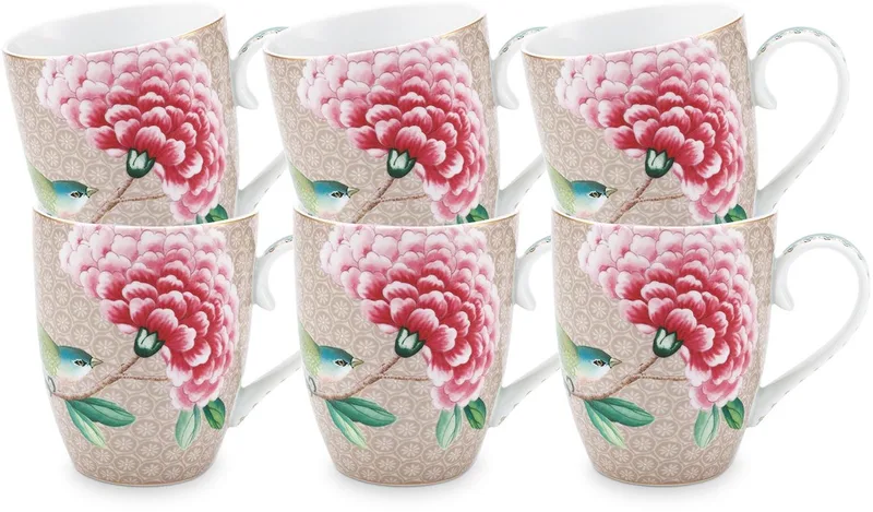 Blushing Birds Mokken - Theemok - Koffiemok met Oor - Servies set van 6 - 365ml von Pip Studio in Khaki – Produktfoto
