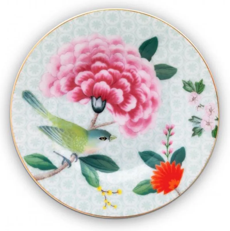 blushing birds off white set van 6 petit-four bordjes 12cm - wit met bloemen by Pip Studio in Off white, Blue – product photo