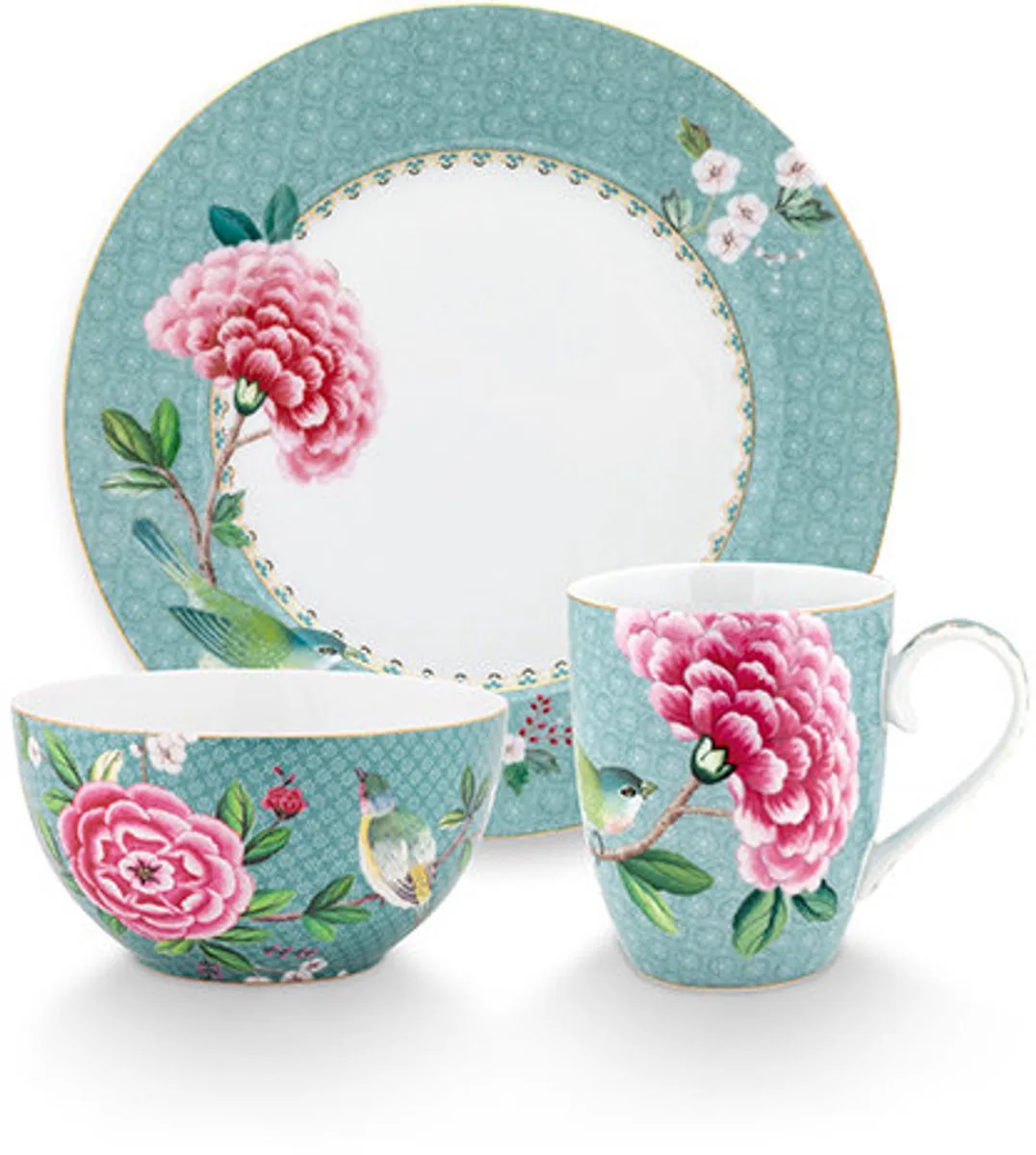 Blushing Birds - Set van 3 - Ontbijtset - Porselein by Pip Studio in Blue – product photo