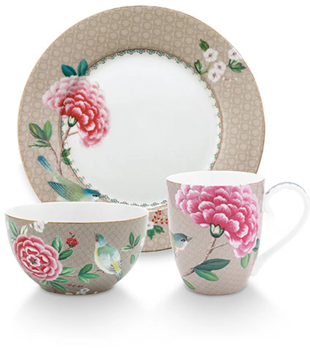 Blushing Birds - Set van 3 - Ontbijtset - Porselein van Pip Studio in Khaki – productfoto