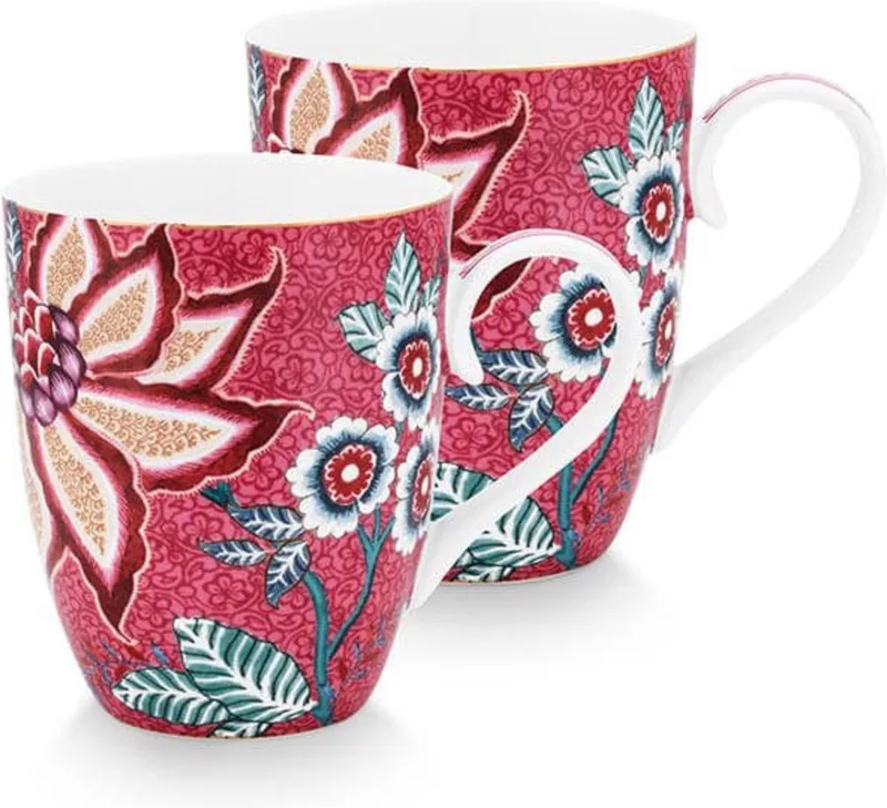 Flower Festival Bordeaux - Set 2 tassen - 350ml - dark pink - mok donkerroze - bloemen fra Pip Studio i Lyserød – produktbillede