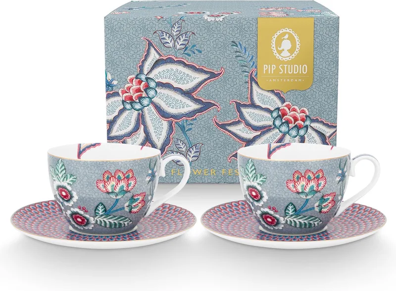 Flower Festival kop en schotel - Koffiekopjes met schoteltje - Porselein - 280ml - Serviesset van 2 by Pip Studio in Light blue – product photo