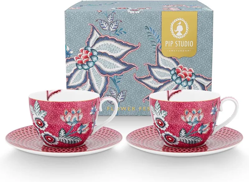 Flower Festival Kop en Schotel - Porselein - Set van 2 - 280ml by Pip Studio in Donker Roze – product photo