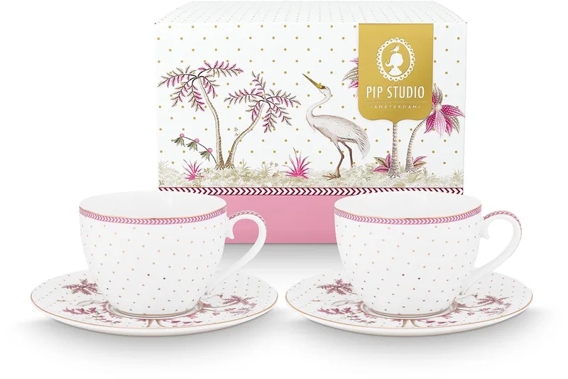 Jolie Dots Gold Kop en schotel set voor 2 - Cadeaudoos van Pip Studio in Wit – productfoto