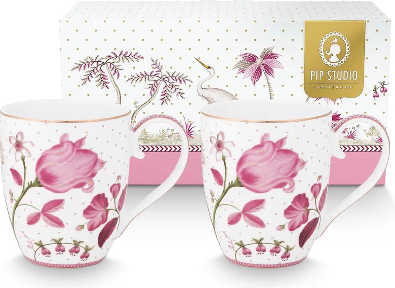 Jolie Pink Tulp set van twee Grote Witte Mokken XL 450ml met - Roze Tulpen illustratie - Porselein by Pip Studio in White – product photo