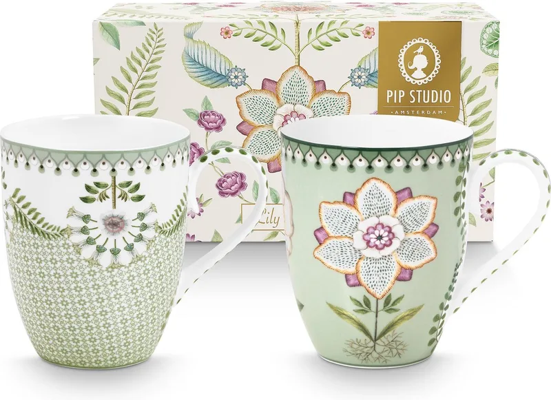 Lily & Lotus Light Green Set van Twee Mokken 350ml - Porselein - Vaatwasserbestendig de Pip Studio en Licht Groen – photo produit