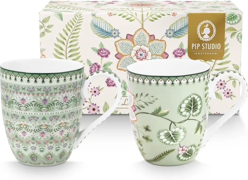 Lily & Lotus Light Green Set van Twee Mokken XL 450ml - Porselein by Pip Studio in Green – product photo