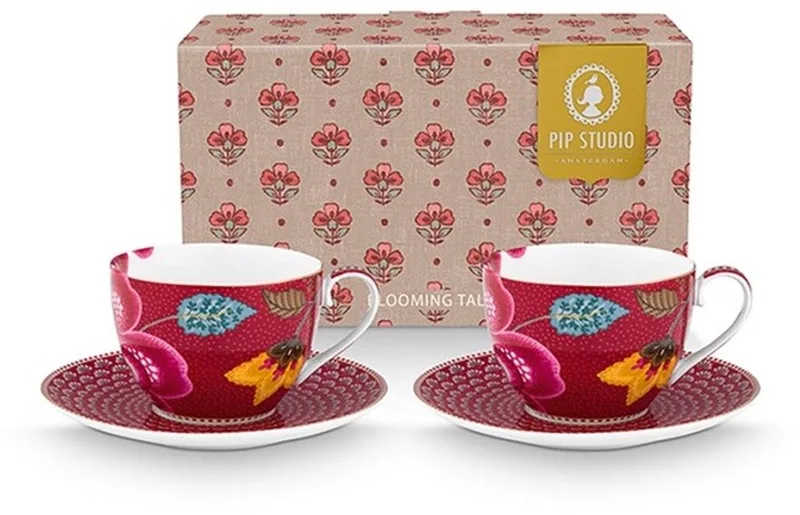 Pip studio-Kop en schotel-Blooming Tales Fantasy Dark Red-Set van 2-300ml-Porselein de Pip Studio en Rouge – photo produit