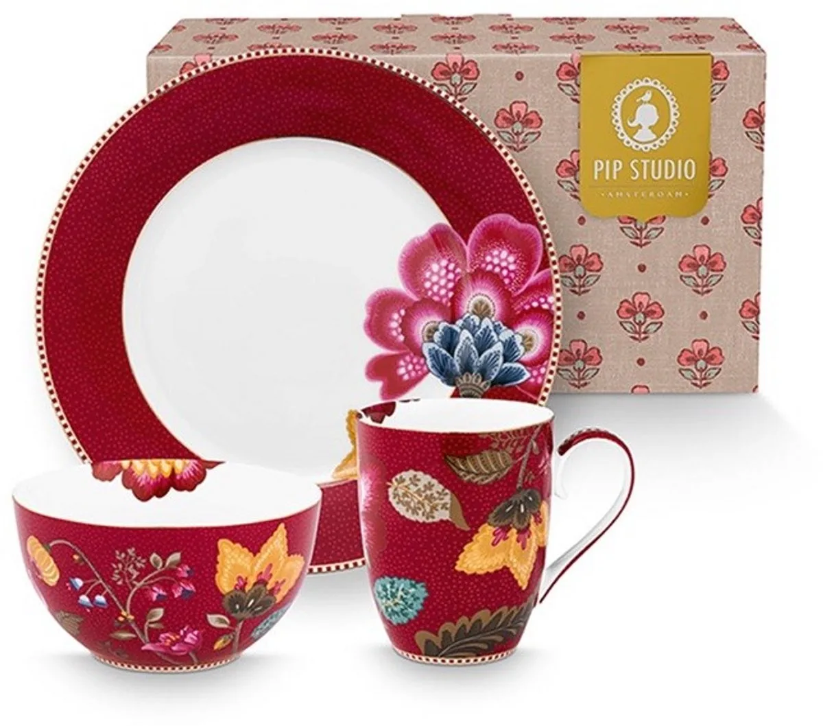 Pip studio-Ontbijtset 3 delig-Blooming Tales Dark Red-Porselein van Pip Studio in Rood – productfoto