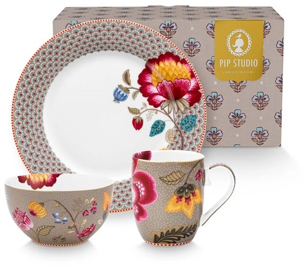 Pip studio-Ontbijtset 3 delig-Blooming Tales Fantasy Khaki-Porselein van Pip Studio in Khaki – productfoto