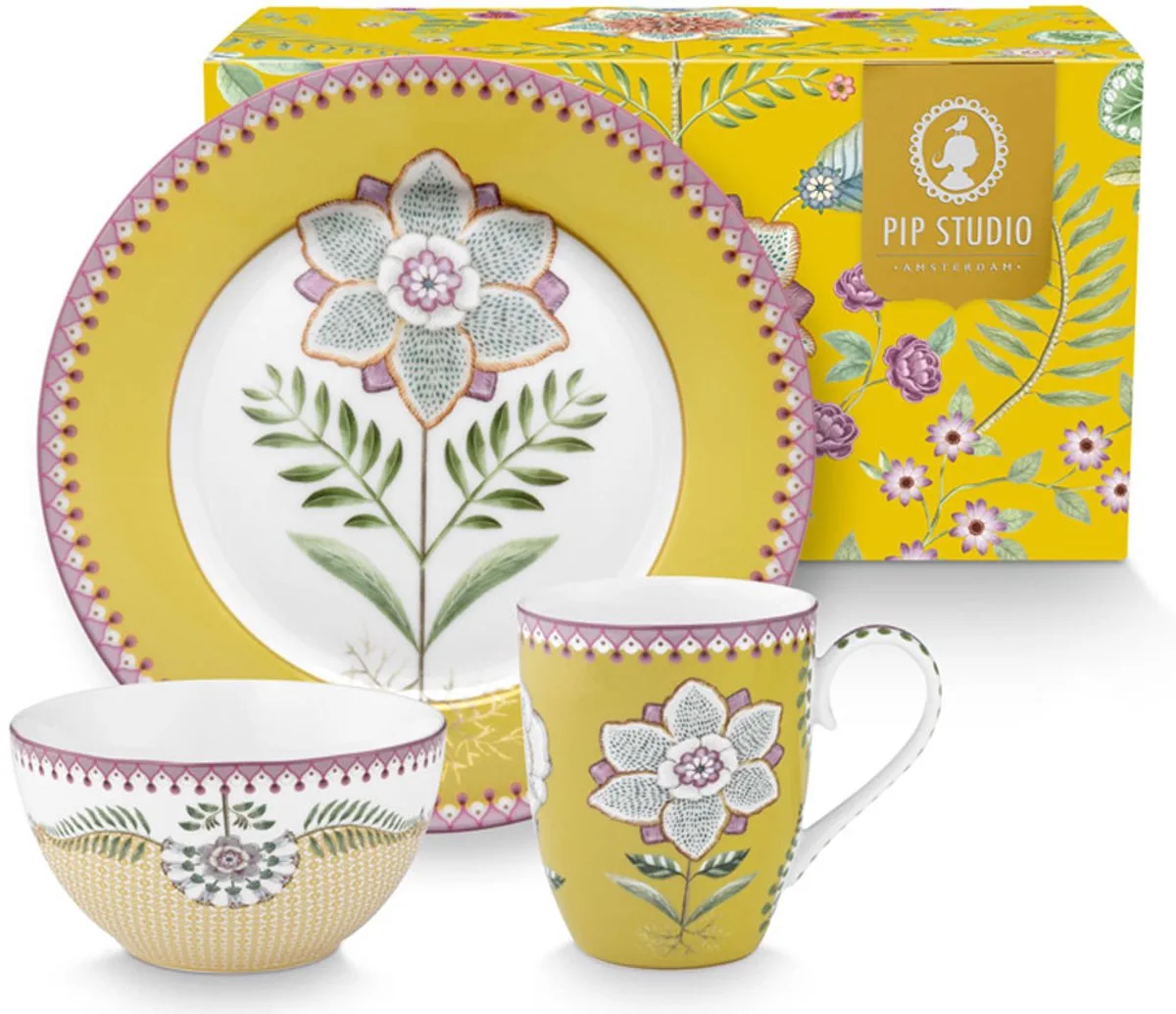 Pip studio-Ontbijtset 3 delig - Lily & Lotus Yellow - porselein - vaatwasserbestendig de Pip Studio en Jaune – photo produit