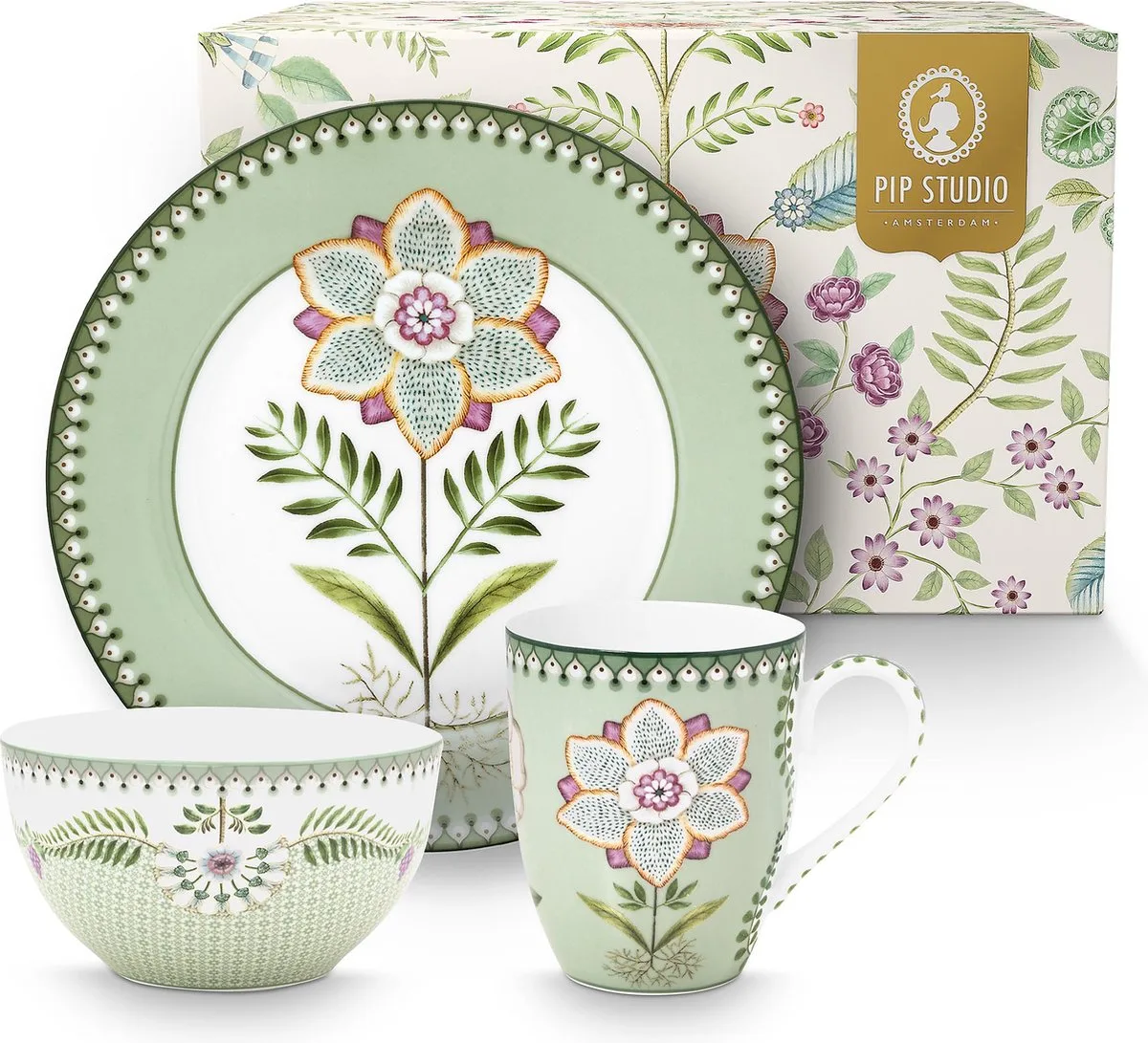Pip Studio-set van 3-Lily & Lotus Light Green-ontbijtset- porselein-kadoverpakking-cadeau van Pip Studio in Groen – productfoto