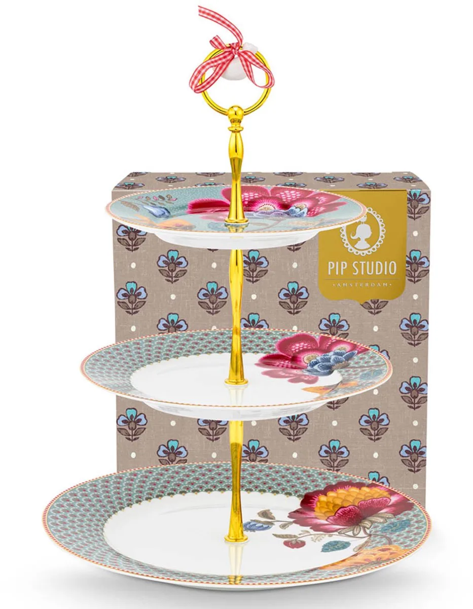 Pip studio-Taartstandaard/etagère -3 lagen-Blooming Tales Fantasy Bleu-Ø17-21-26.5 cm-Porselein van Pip Studio in Blauw – productfoto