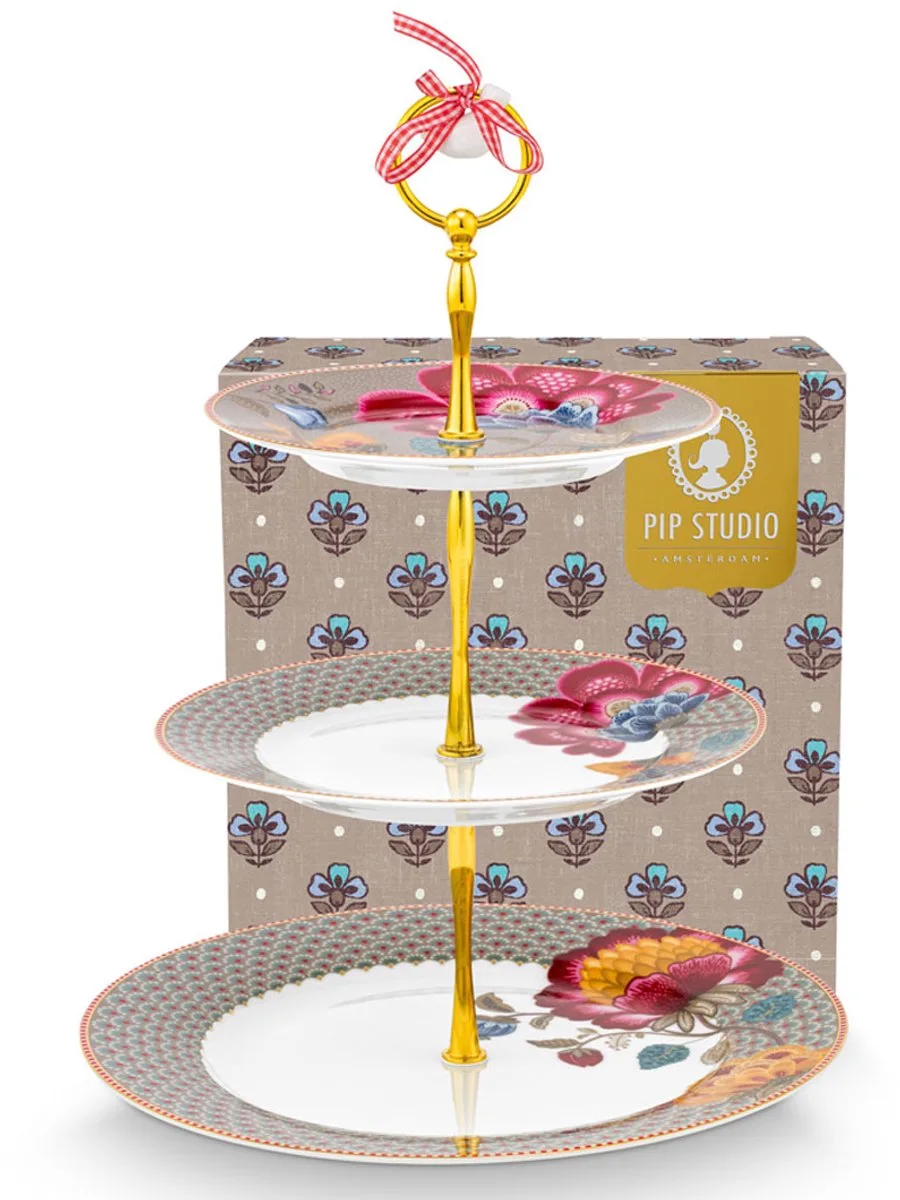 Pip studio-Taartstandaard/etagère -3 lagen-Blooming Tales Fantasy Khaki-Ø17-21-26.5 cm-Porselein by Pip Studio in Khaki – product photo