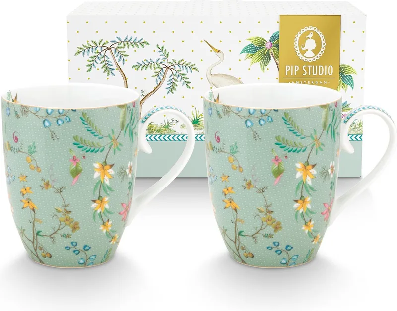 Set van 2 grote mokken Jolie Flowers Blue - 350ml - Groene mokken set by Pip Studio in Green – product photo