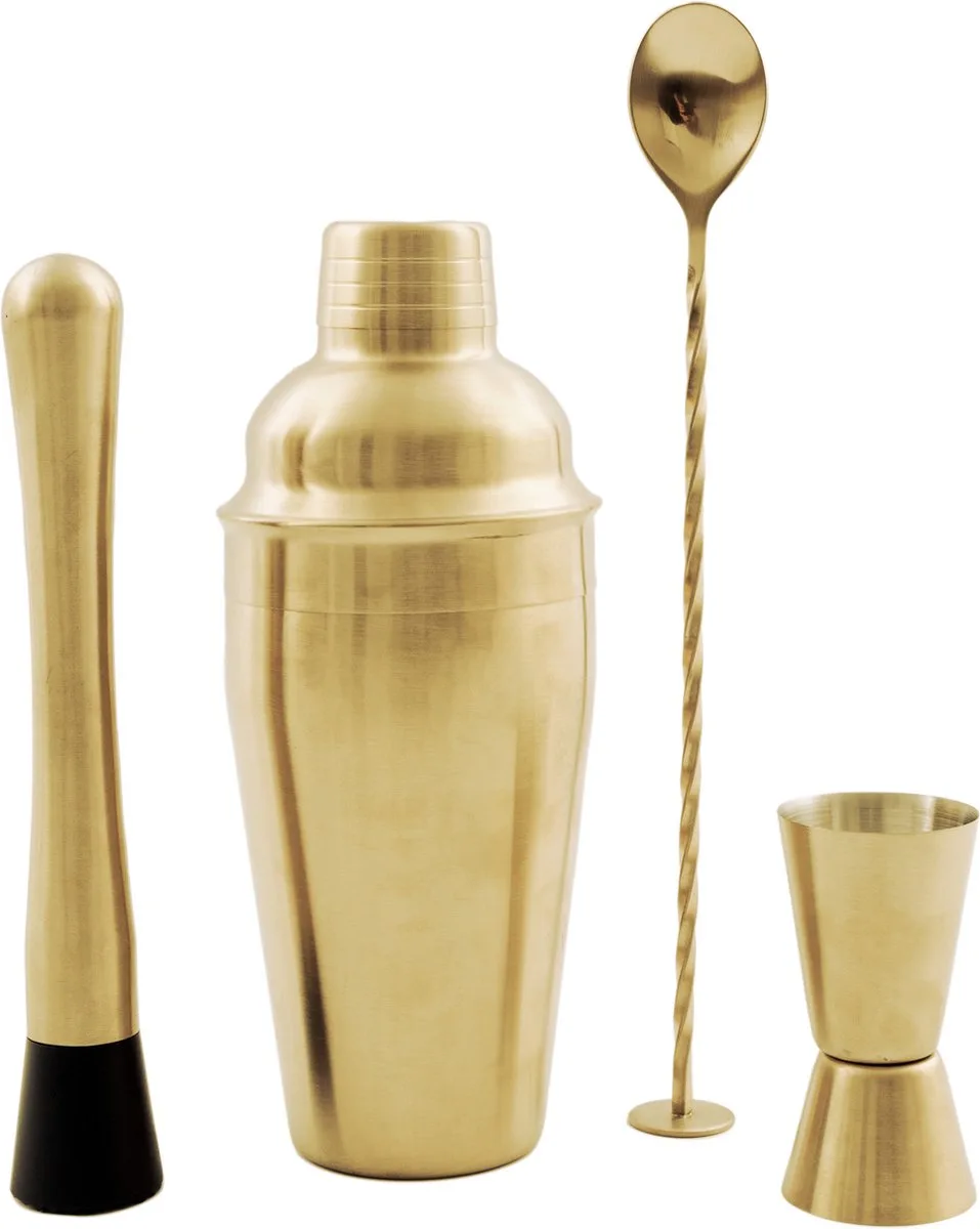 Cocktailset - 4-delig: barlepel - jigger - stamper - cocktailshaker - RVS - Goud van Point-Virgule in Goudkleur – productfoto