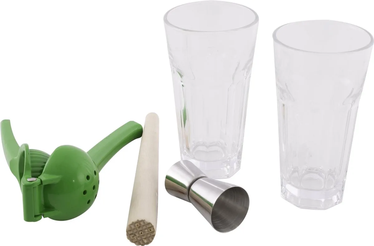 cocktailset - 5-delig - stamper, citruspers, maatje & 2 glazen fra Point-Virgule i Grøn – produktbillede