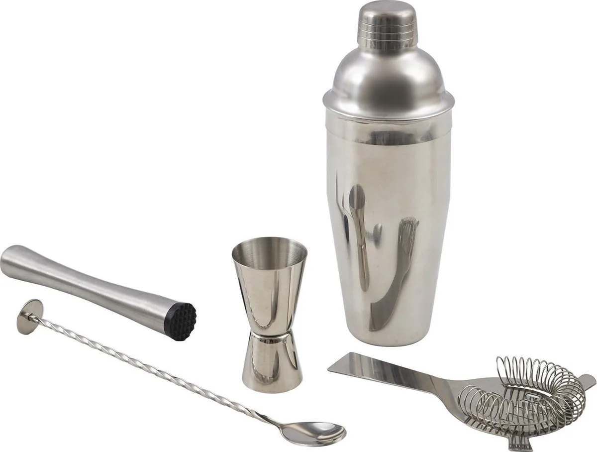 cocktailset - Cobbler shaker, cocktailmaatje, stamper, barlepel en cocktailzeef van Point-Virgule in Zilver – productfoto