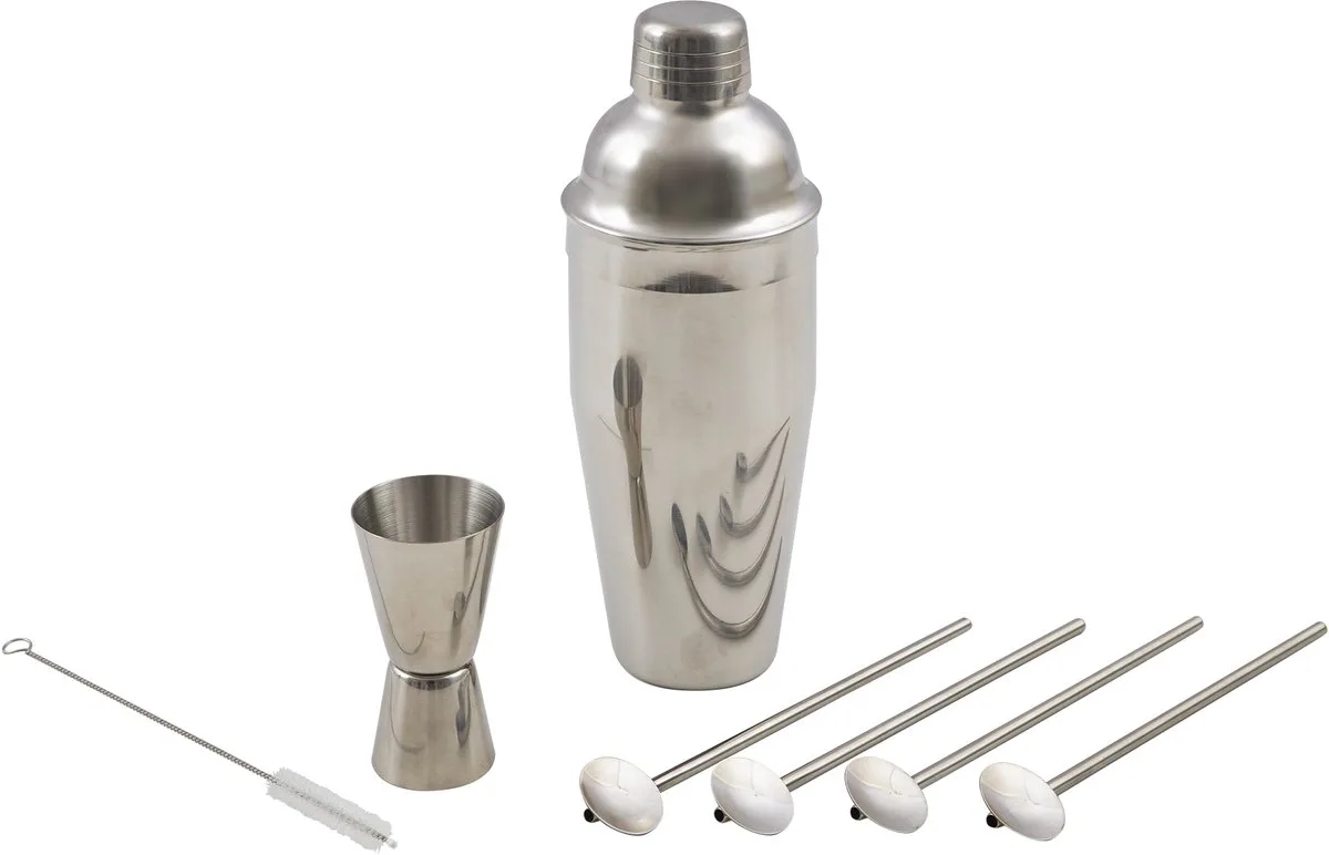 cocktailset met Cobbler shaker, cocktailmaatje en set van 4 rietjes/lepels von Point-Virgule in Zilvergrijs – Produktfoto