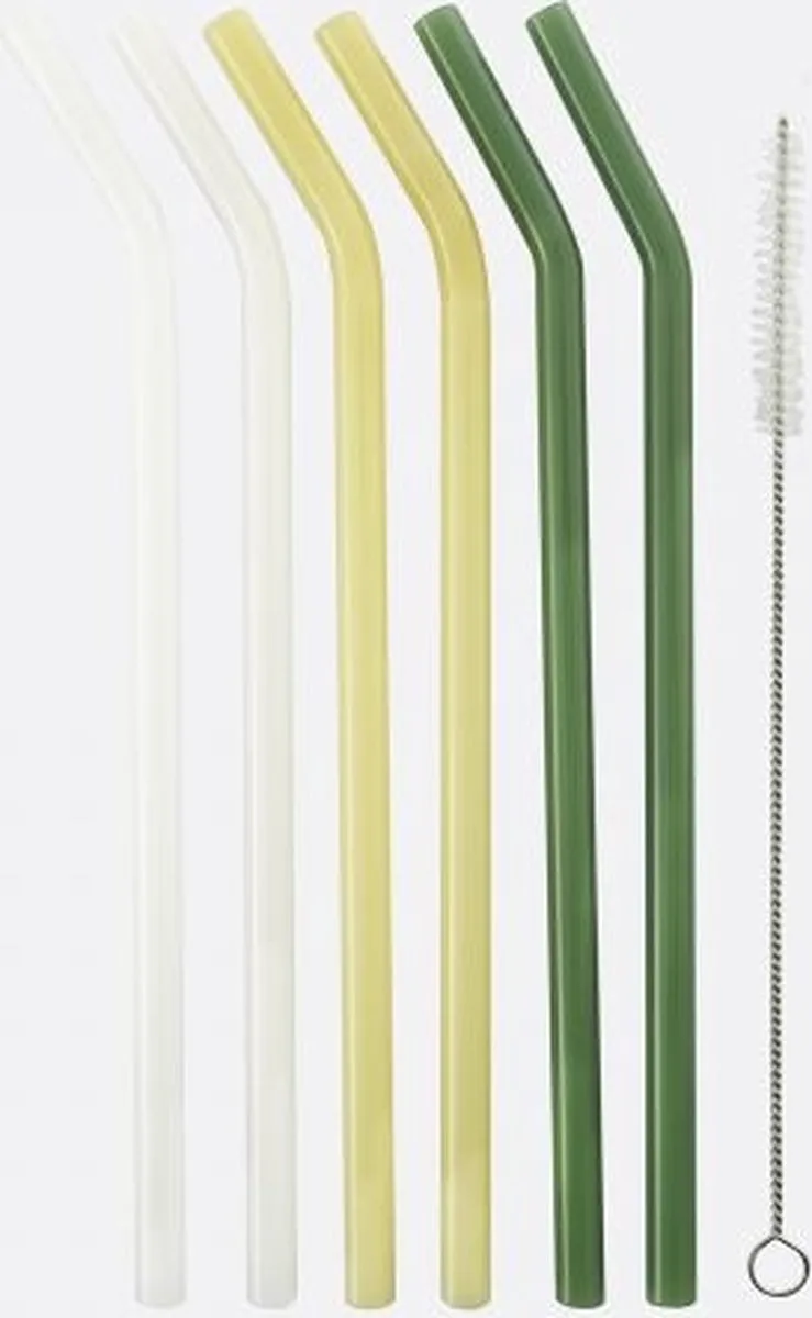 Point Virgule Set van 6 Gebogen Glazen Rietjes Met Reinigingsborstel en Zakje van Point-Virgule in Wit, Groen, Geel – productfoto