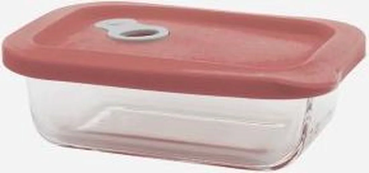 rechthoekige glazen voorraaddoos met roze siliconen dekel 320ml van Point-Virgule in Transparant – productfoto