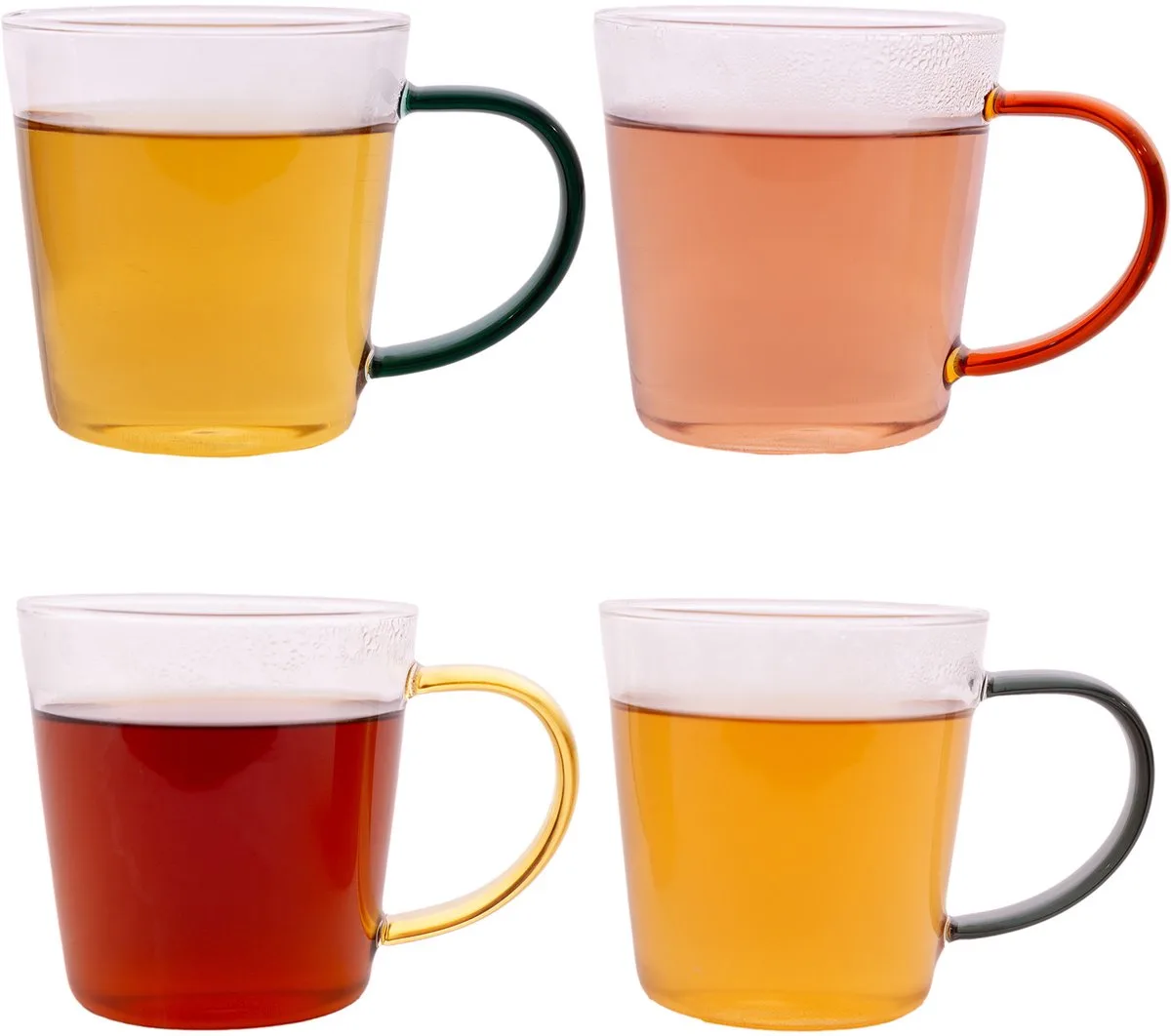 set van 4 mokken met gekleurd handvat uit borosilicaatglas 300ml van Point-Virgule in Amber, Groen, Grijs, Geel – productfoto
