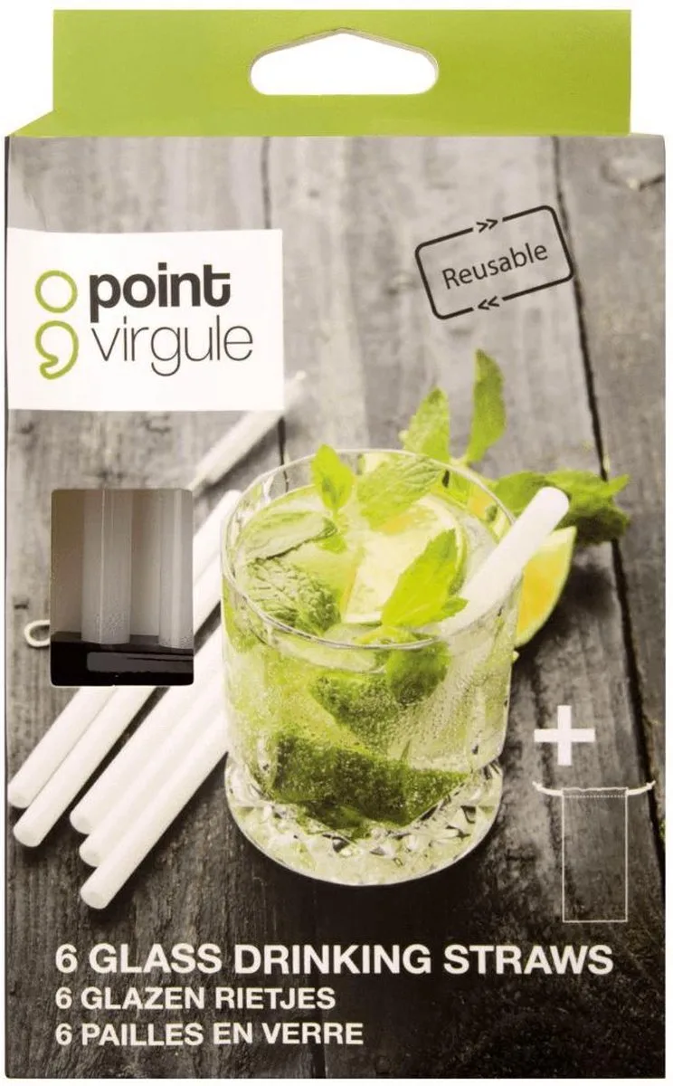 set van 6 korte glazen rietjes met reinigingsborstel en zakje 14cm van Point-Virgule in Wit – productfoto