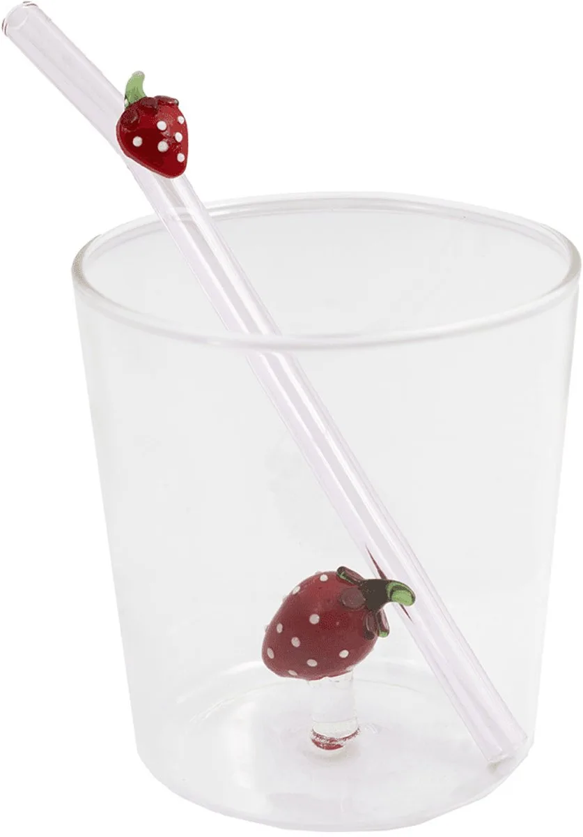 Set van glas en rietje met aardbei uit borosilicaatglas 300ml by Point-Virgule in Bessen rood – product photo