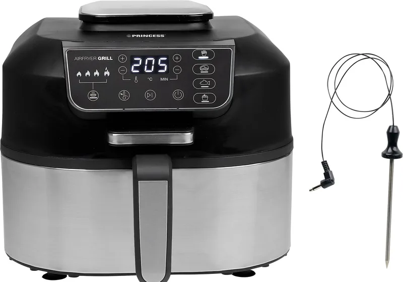 Airfryer Grill XXL 182092 - 2 in 1 Grill en Heteluchtfriteuse - Temperatuurmeter - Groot 5.6 liter - 265 graden - 4 voorgeprogrammeerde programma's - RVS/Zwart van Princess in Zwart – productfoto