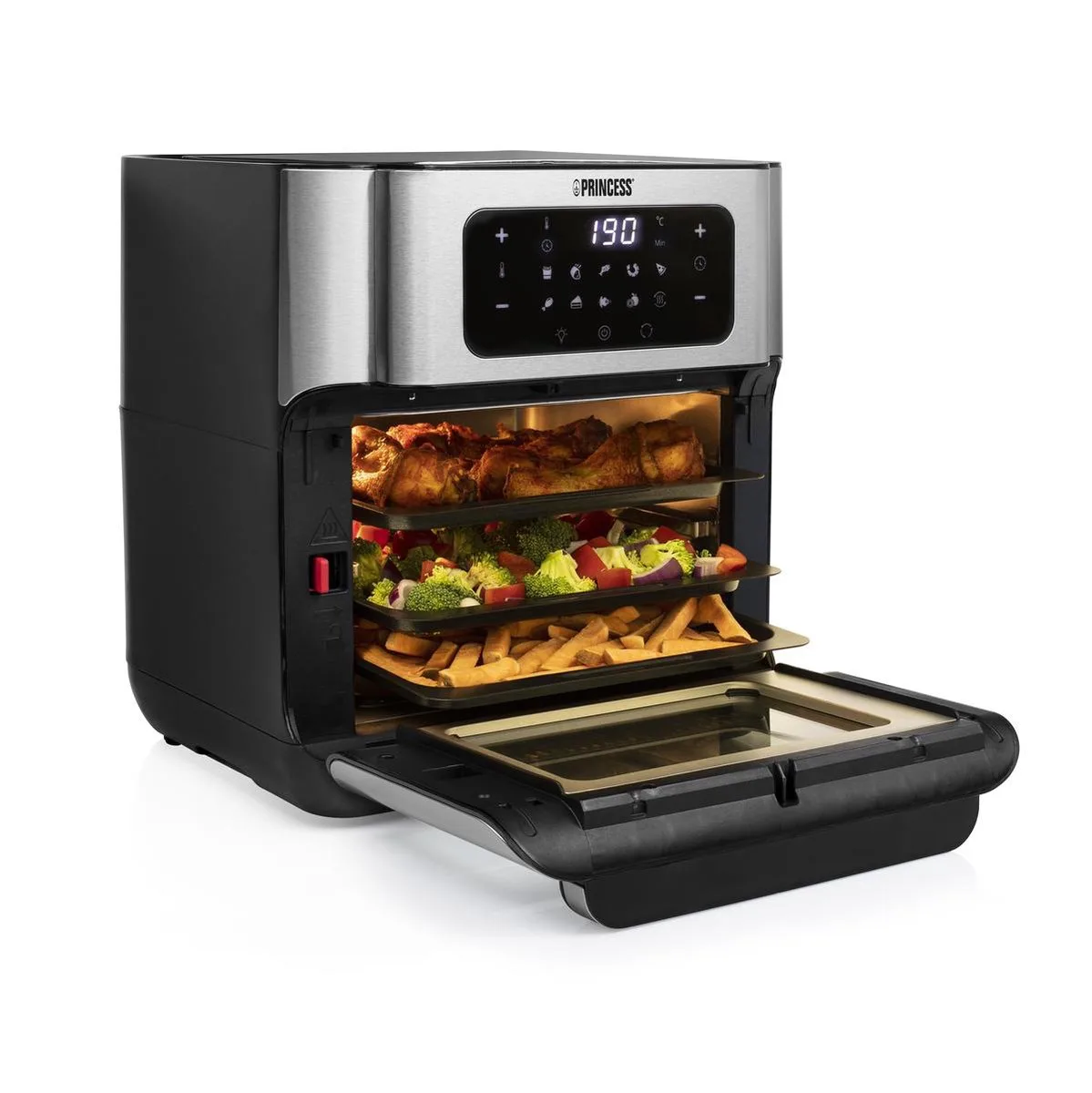 Airfryer Oven 182065 - Heteluchtfriteuse en Oven in één - Groot 10 liter - 3 bakplaten - Rotisseriemand - RVS - Touchscreen by Princess in Silver – product photo