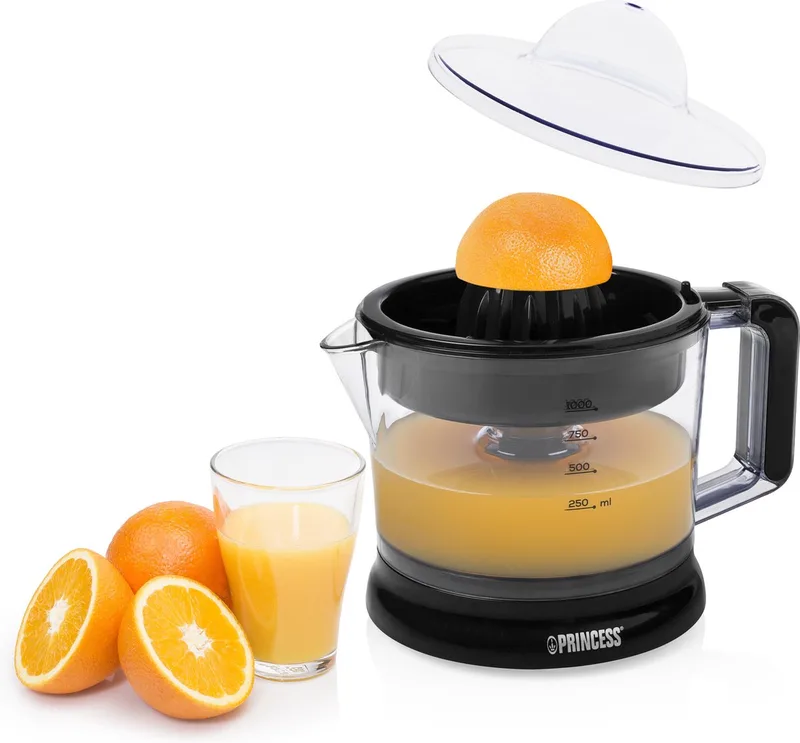 Citruspers 201004 – Elektrische Citruspers – 1 liter - Sinaasappelpers - Fruitpers - Incl. 2 perskegels - Instelbaar pulpfilter von Princess in Schwarz – Produktfoto 1 von 2