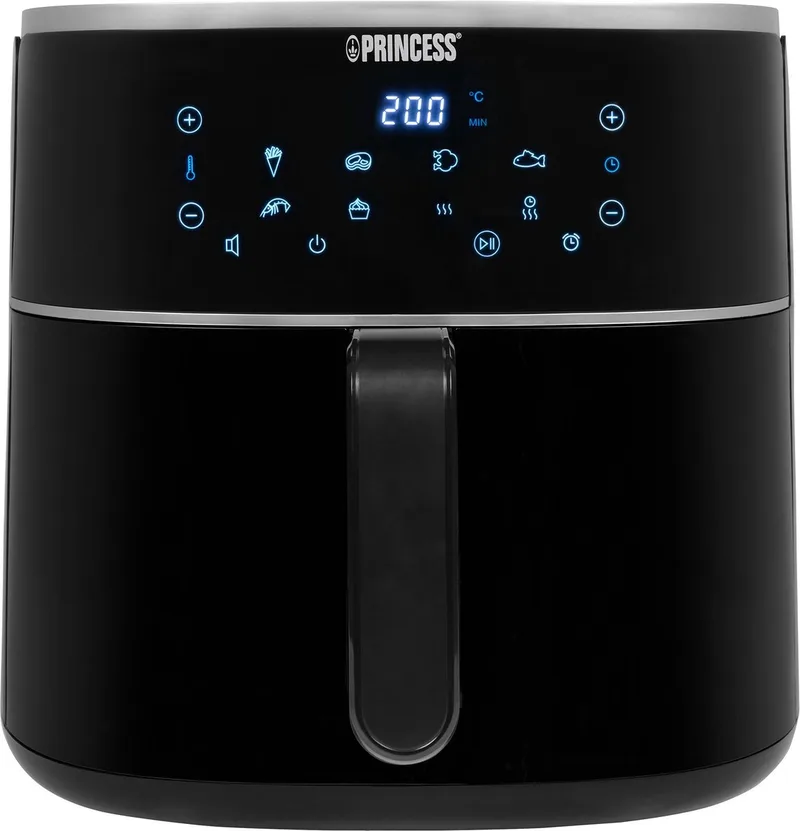 Digitale Airfryer XXL 182254 - 8 liter - Extra Groot - PFAS vrij - Heteluchtfriteuse - Inclusief in hoogte verstelbaar Grillrack - Digital Touchscreen - 8 Automatische Programma's - 1800W von Princess in Schwarz – Produktfoto
