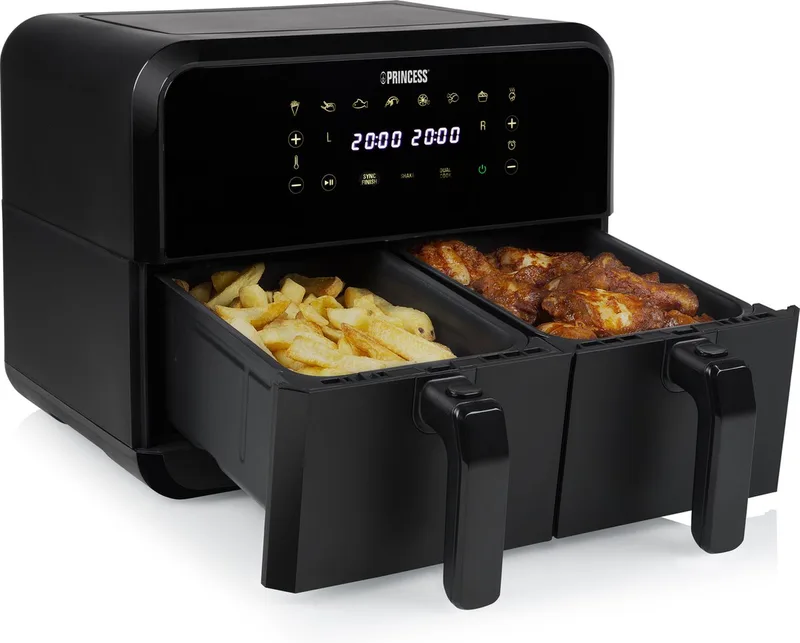 Double Basket Airfryer 182068 - Dubbele Airfryer - 8 liter - 2 manden - XXL - 8 programma’s - 2400W - Dubbele heteluchtfriteuse - Touchscreen - 80 °C tot 220°C - Sync functie fra Princess i Sort – produktbillede 1 af 2