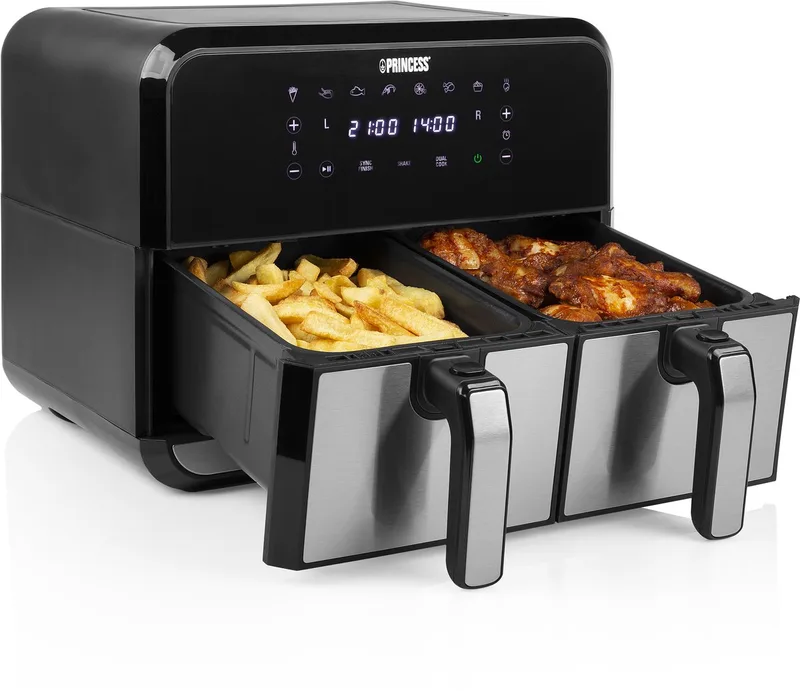 Double Basket Airfryer 182074 - Dubbele Airfryer - 9 liter - 2 manden - XL - 8 programma's- 2400W - Dubbele heteluchtfriteuse - PFAS vrij - Touchscreen - RVS/Zwart - Sync functie von Princess in Schwarz, Metaal – Produktfoto