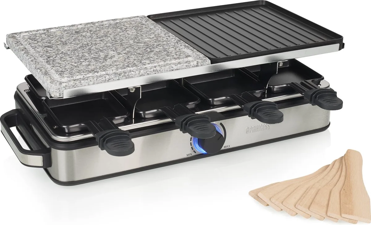Gourmetstel 162635 - Raclette 8 Personen - Steen en Grill Deluxe - 2 meter snoer - Regelbare thermostaat - 1400W de Princess en Metaal – photo produit