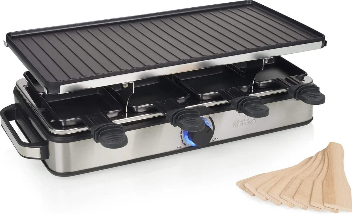 Gourmetstel 162645 - Raclette 8 Personen - Regelbare thermostaat - 1400W - 2 meter snoer - Omkeerbare Bakplaat - 8 pannetjes - RVS van Princess in Zilver – productfoto