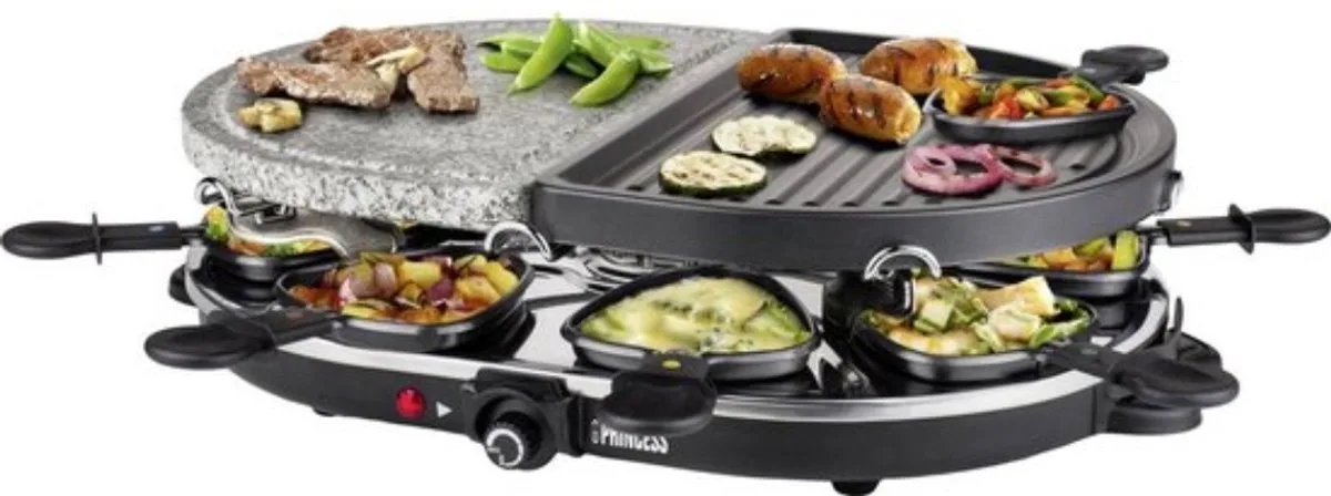 Gourmetstel 162710 - Raclette Oval Steengrill Party – Bakplaat en Steengrill – 8 personen - 2 meter snoer - Regelbare thermostaat - 1200W - 8 pannetjes van Princess in Zwart – productfoto