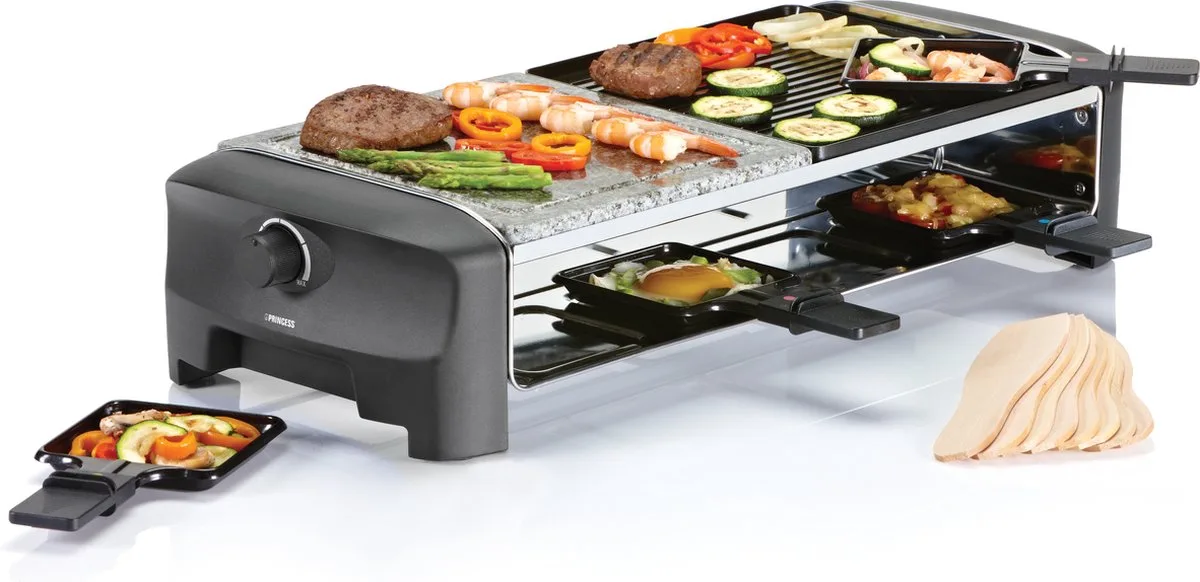Gourmetstel 162820 - Grill & Bakplaat – Omkeerbare plaat en Steengrill - 8 personen - 42 x 21 cm - 2 meter snoer - Regelbare thermostaat - 1400W - 8 pannetjes van Princess in Zwart – productfoto