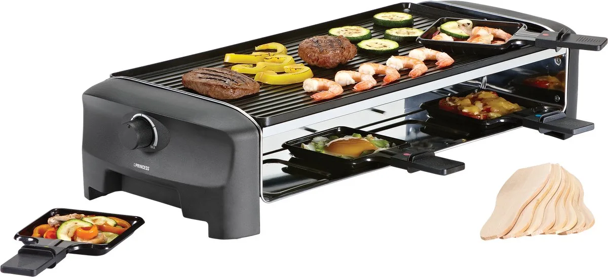Gourmetstel 162840 - Raclette 8 personen - Grill and Bakplaat - Groot - 2 meter snoer - Regelbare thermostaat - 1400W - Omkeerbare bakplaat en grillplaat - 8 pannetjes by Princess in Black – product photo