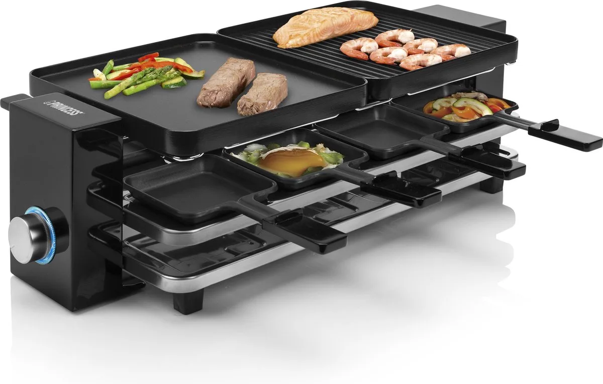 Gourmetstel 162925 - Raclette Piano Black 8 personen - Regelbare thermostaat - 1200W - Parking deck voor gebruikte pannetjes – 8 pannetjes - 2 meter snoer van Princess in Zwart – productfoto