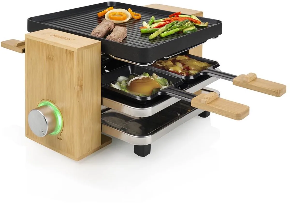 Gourmetstel 162950 - Raclette Pure 4 personen - Grill & Bakplaat - Inclusief 4 pannetjes - Regelbare thermostaat - 800W - 2 meter snoer - Anti-aanbaklaag by Princess in Bamboe – product photo