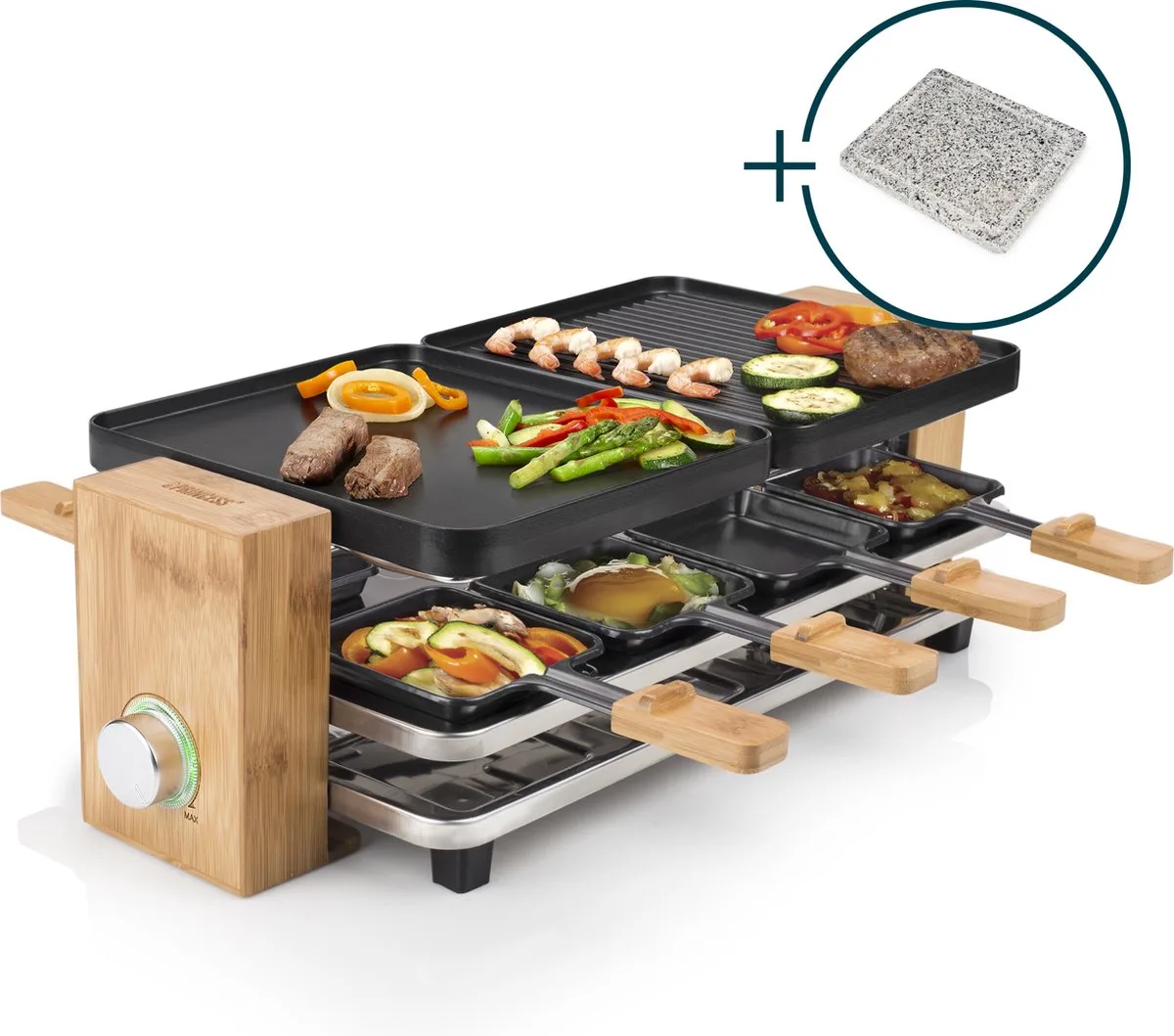 gourmetstel 162955 Raclette en Steengrill Pure 8 - Regelbare thermostaat - 1300W - 2 grillplaten en extra Steengrill - 8 pannetjes - 2 meter snoer - Parking deck voor ongebruikte pannetjes van Princess in Bamboe – productfoto