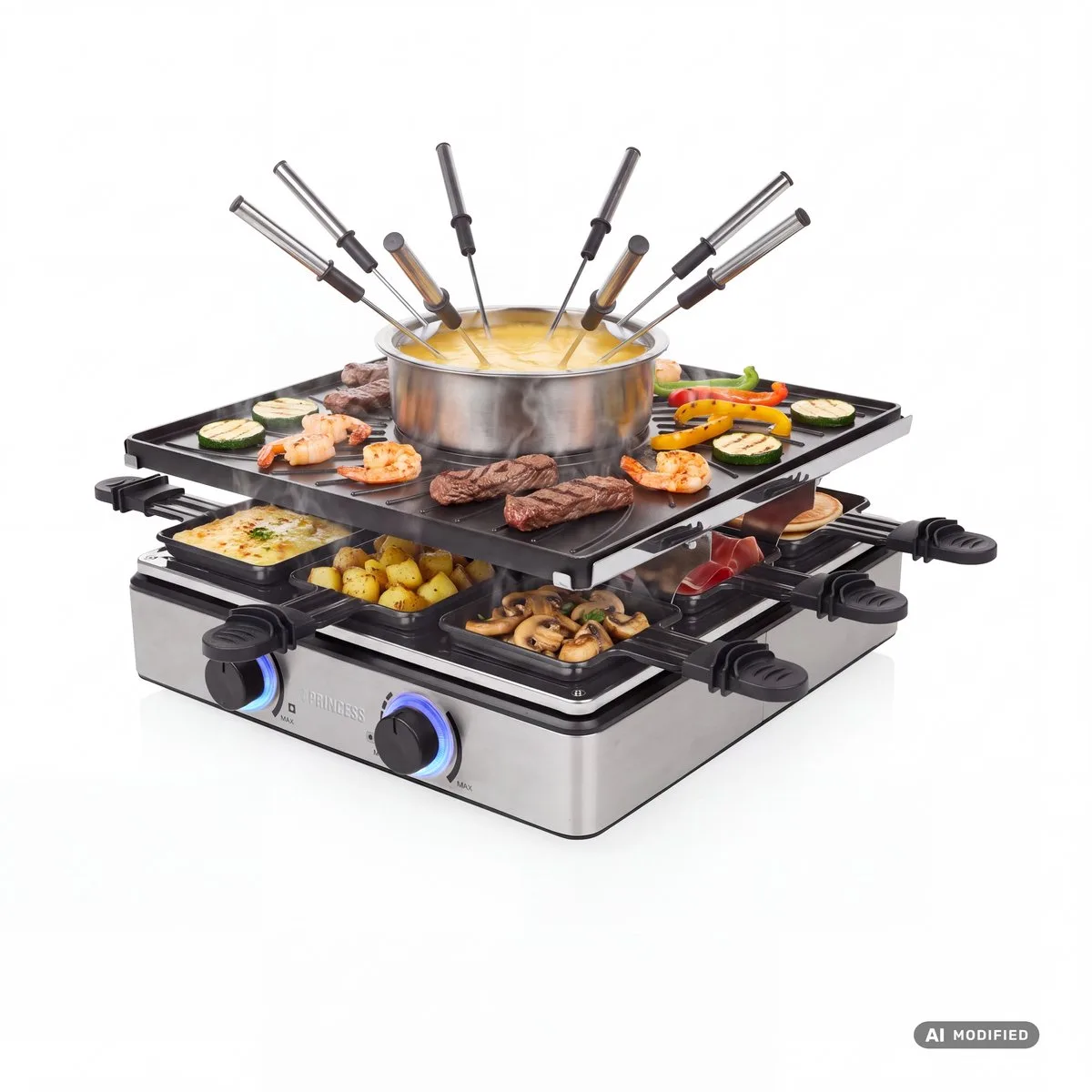 Gourmetstel - Raclette en Fondue 31x31cm - 162670 - 1800W - 8 Personen - Incl vorkjes en spatels - 5-in-1 Functionaliteit - PFAS vrij - Grillen, bakken, funcook van Princess in Zwart – productfoto