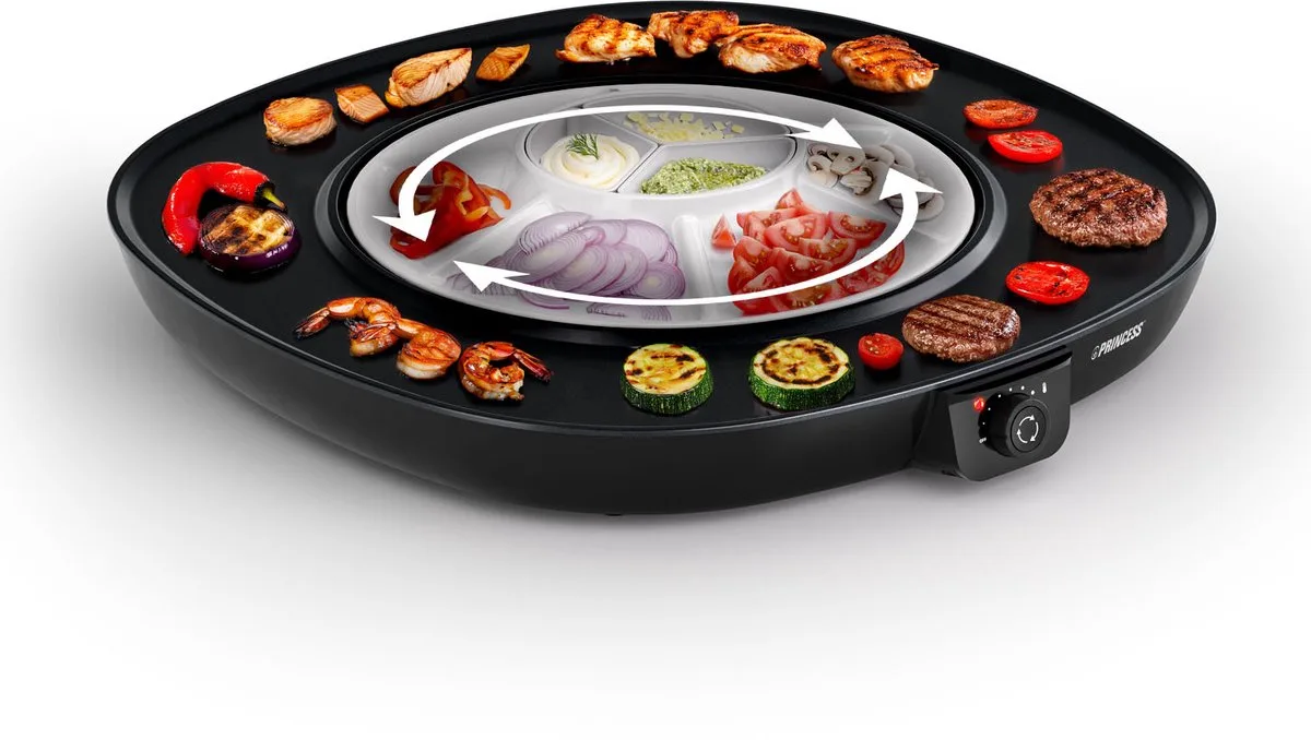 Gourmetstel - Table Chef Pirouette Ø45cm - 103260 - 1100W - 8 Personen - PFAS-Vrij - Grillplaat - Ronddraaiende plaat - Regelbare thermostaat - 2 meter snoer van Princess in Zwart – productfoto