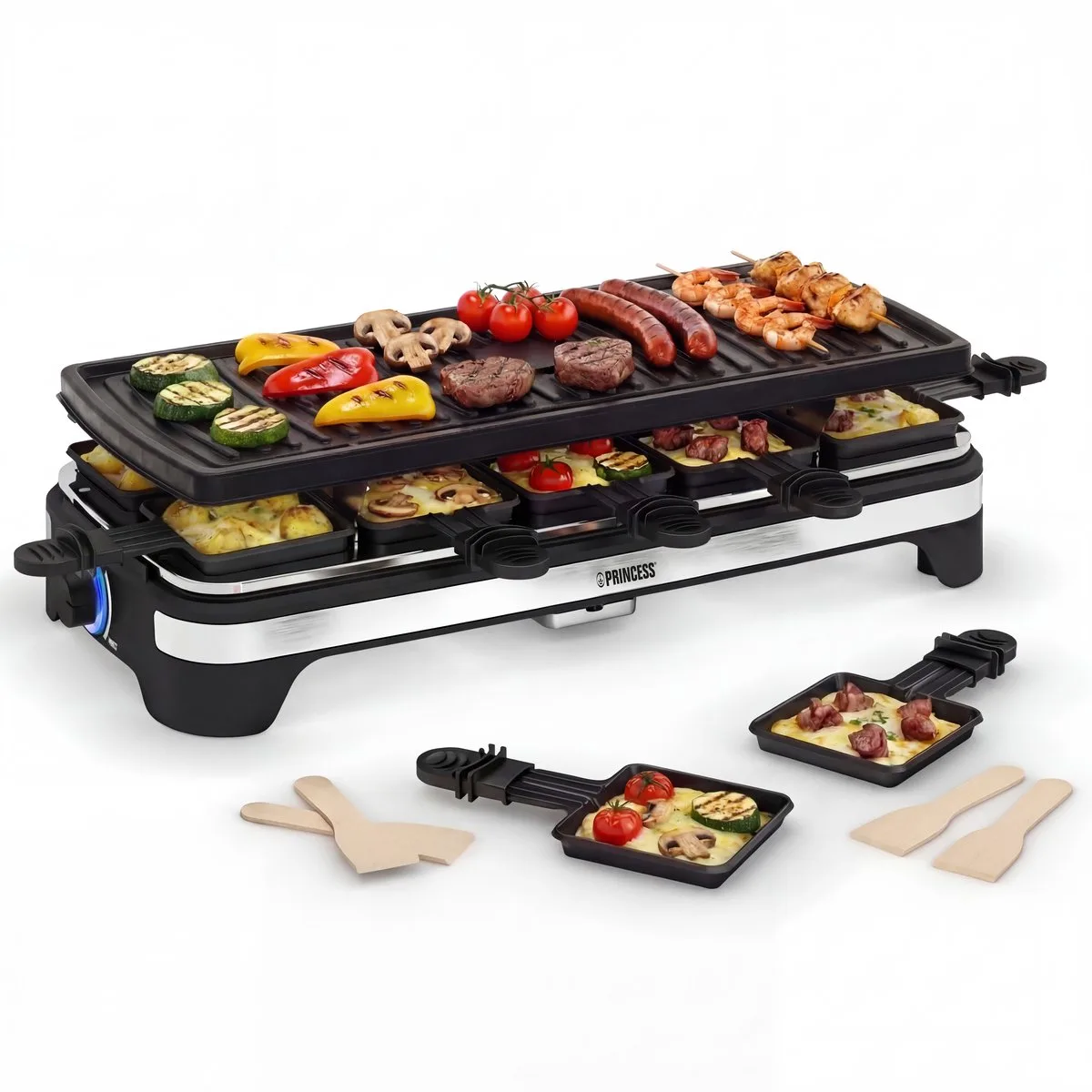 Gourmetstel XL 162650 - Raclette 10 personen - Grill & Bakplaat - Groot 49x21cm - 2 meter snoer - Regelbare thermostaat - 1500W - 10 pannetjes van Princess in Zwart – productfoto