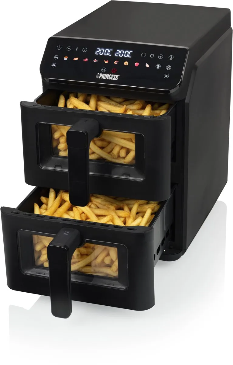 Heteluchtfriteuse - 182490 - 3000W - Stack Airfryer 11,2L - PFAS-Vrij - 2 lades (Sync) - 11 Bakprogramma's - Bespaart 45% ruimte - Dubbele gestapelde lades fra Princess i Sort – produktbillede