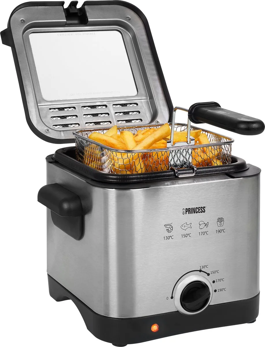 Mini friteuse - 1.5 Liter - Regelbare thermostaat - Geurfilter - Kijkvenster - Compact - Geschikt voor camping - 1000W - 182612 - Geborsteld van Princess in Rvs – productfoto