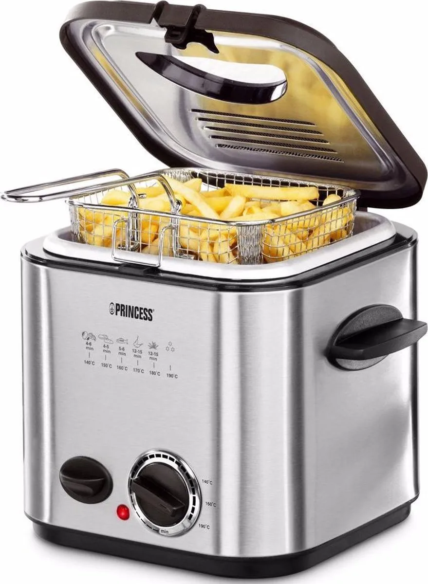 Mini Friteuse en Fondue - 1.2 liter - Regelbare thermostaat - Geurfilter - Kijkvenster - Compact - 6 fonduevorken - Geschikt voor camping - 840W - 182611 - Geborsteld de Princess en Rvs – photo produit