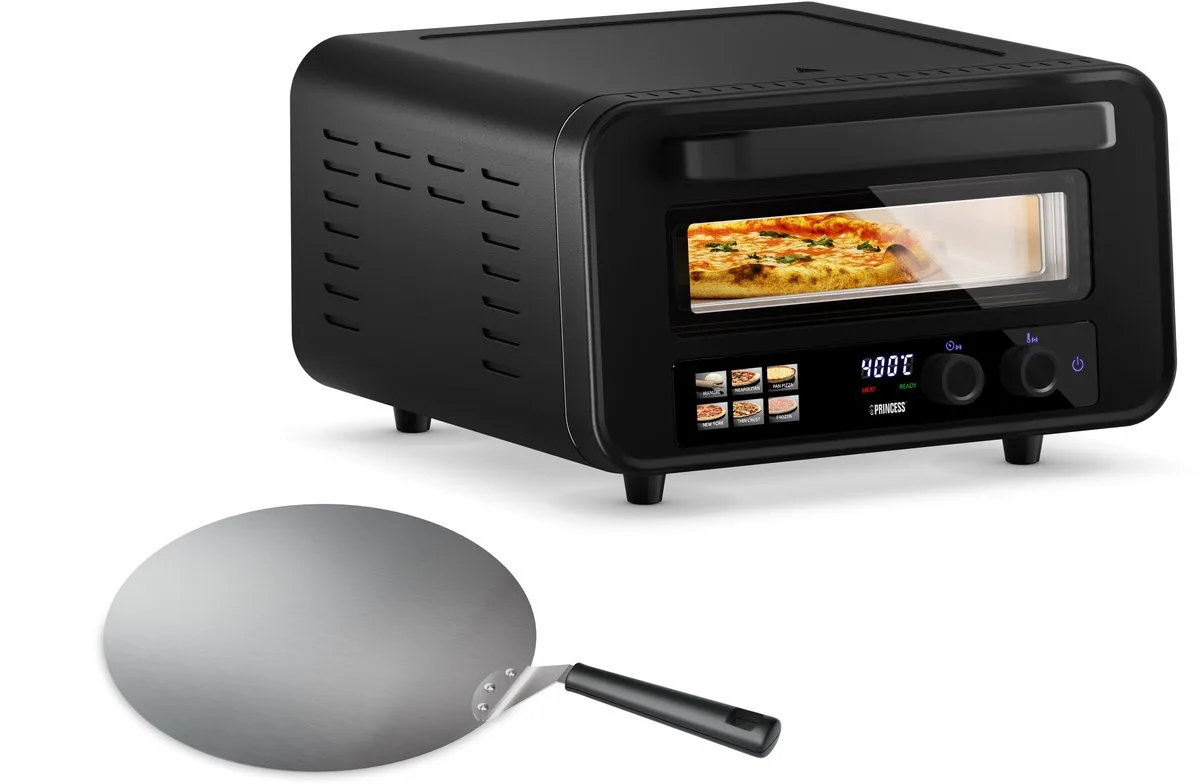 Princess 112780 Pizza Oven Pro Max - Tot 400°C - 2100W - 15 Liter - Pinsa Oven - Elektrische Pizzaoven 30cm - Tafelmodel - Inclusief Natuurstenen Pizzasteen- Digitale bediening van Princess in Zwart – productfoto