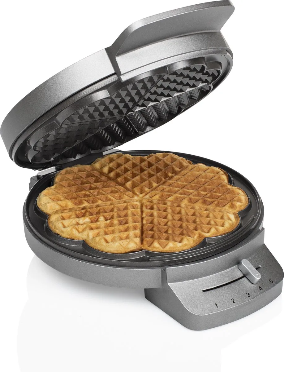 Princess 132380 Wafelijzer – 5 hartvormige wafels - 1200W - Regelbare thermostaat – 5 standen - Anti aanbaklaag - PFAS-vrij - Zilver - Gaufrier van Princess in Grijs – productfoto